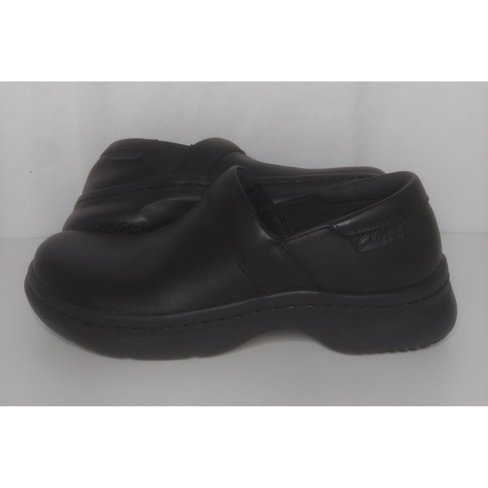 Clarks Pro Gem Womens Black Leather Slip-Resistant Work Shoes Clogs Size 7